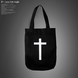 ZLS欧美十字架黑色帆布包包单肩包 购物袋 限量版男女背包休闲包