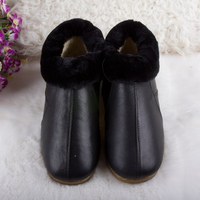 新冬黑色真皮牛筋底保暖鞋 低帮懒人鞋保暖静音居家女拖鞋