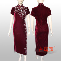 纯手工订珠 酒红色镶珠片金丝绒短袖旗袍 中式服装6074-6短袖