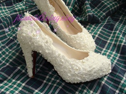重工定制白色蕾丝珍珠婚鞋新娘鞋女士高跟鞋结婚单鞋手工钉珠鞋