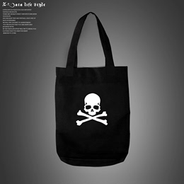 ZLS潮牌限量版骷髅头手提单肩黑色帆布包包男女背包环保购物袋