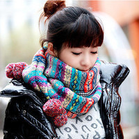 笛诗 韩版秋冬女士复古民族风波西米亚围巾爆款彩色毛球围脖包邮