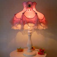 田园台灯卧室床头灯 高档实木台灯 欧式布艺蕾丝台灯粉红T159-2
