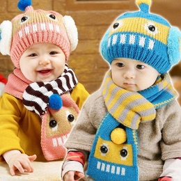 秋冬婴儿帽子0-3-6-12个月毛线帽宝宝帽儿童帽子围巾两件套1-2岁