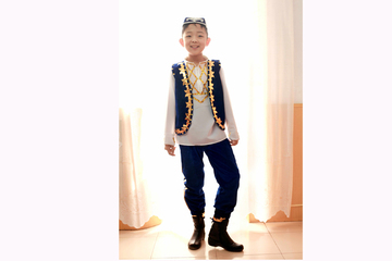 儿童演出服少数民族表演服装舞蹈服装民族舞新疆舞男童三件套黑蓝
