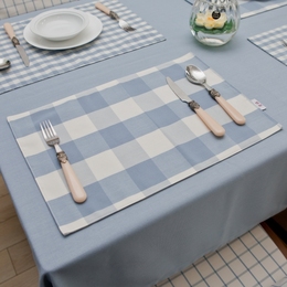 地中海桌布布艺 浅蓝大小格子时尚餐桌垫 高档色织双层餐垫