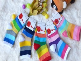 5双包邮秋冬儿童袜彩条纯棉童袜 手工缝头袜彩虹袜子颜色随机发
