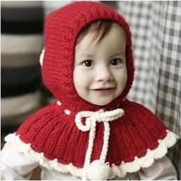 秋冬女宝宝毛线围脖披肩婴儿童连体帽子保暖披风韩国球球斗篷