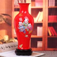 景德镇陶瓷器 中国红鱼尾瓶 如意童子 现代家居摆件 粉彩花瓶薄胎