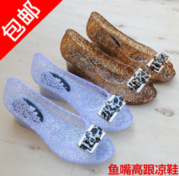 凉鞋女 镂空果冻鞋镂空水晶塑料糖果色坡跟网状中跟凉鞋 包邮