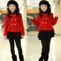 热卖新款童装 韩版女童双排扣呢子长袖外套+短裙套装2A7141