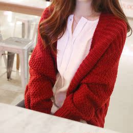秋季新品韩版纯色针织毛线蝙蝠袖宽松毛衣加厚麻花开衫女装外套潮