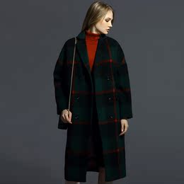 迷失2015冬季新品复古茧型翻领格子羊毛呢长款女大衣大码女外套