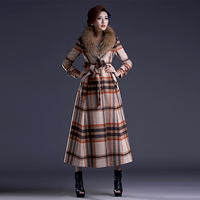 2017新款韩版冬装修身毛领风衣长款气质女装毛呢外套格子羊绒大衣