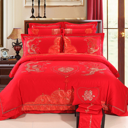全棉贡缎刺绣床上用品床品9件套床单被套大红婚庆纯棉九件套正品