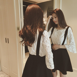 2016春夏韩版女装欧根纱蕾丝衫显瘦甜美女喇叭袖蕾丝衫背带裙套装