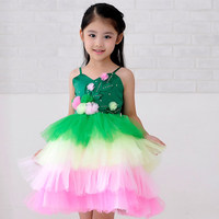 儿童演出表演服公主裙纱裙女童礼服裙蓬蓬裙吊带裙子 绿色花朵裙