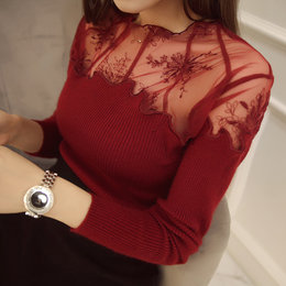 2015秋冬新款韩版弹力蕾丝领长袖修身毛衣女士显瘦性感针织打底衫