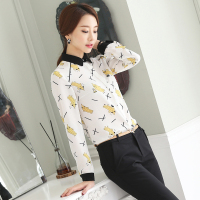 SOLO韩国实拍 2016春装新款修身POLO领长袖香蕉印花雪纺衬衫