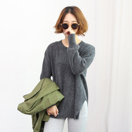 2015秋冬季女士韩版纯色宽松针织衫兔绒开叉休闲针织套头外穿毛衣