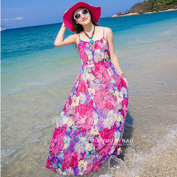 2015夏季新款波西米亚雪纺连衣裙女韩国印花海边度假沙滩裙长裙潮