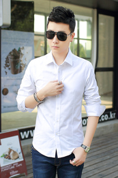 衬衫男长袖修身韩版加绒加厚冬装纯色大码青年衬衣衬衫7906-LKVH