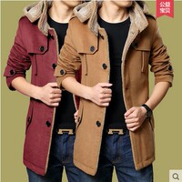 直销2015冬季新款加厚棉风衣男羊毛呢韩版外套中长款修身连帽大衣