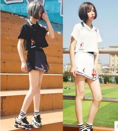 韩国ulzzang学院风刺绣跳舞短款翻领不规则运动裙裤套装棒球服女