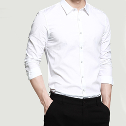 男装衬衫长袖修身韩版伴郎休闲男士白色衬衣商务纯色青年职业正装