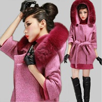 2015冬装新款女韩版大码狐狸毛领中长款修身毛呢外套呢子大衣女