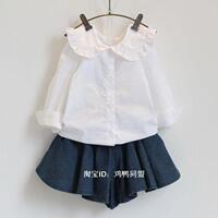 2015秋款新款童装儿童宝宝女童白色刺绣娃娃领长袖衬衫打底衣衬衣