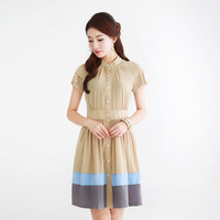新款包邮韩版夏季短袖连衣裙雪纺拼接撞色修身百褶通勤连衣裙