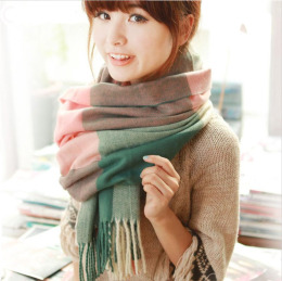 秋冬季韩版长款流苏拼色格子 围巾 女士 加厚 学生围脖 空调披肩