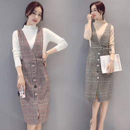 2016秋新款韩版修身长袖打底背心背带连衣裙两件套时尚套装包臀裙