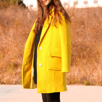 2015冬新款文艺双排扣毛呢外套女韩版中长款加厚外套黄色呢子大衣