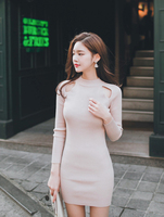 韩国站性感打底包臀裙修身显瘦长袖毛线镂空半高领针织连衣裙女