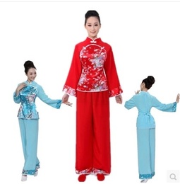 2015新款民族画布碎花秧歌广场舞服装红色扇子腰鼓舞蹈演服套装女