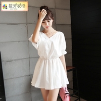 2015夏装新款韩版时尚 女装显瘦修身中袖雪纺白色短袖连衣裙蓬松