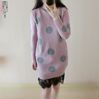 冬装新款女装韩版时尚气质显瘦波点蕾丝中长款毛衣裙打底针织衫