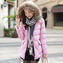 2015冬季新款女装大毛领连帽棉衣外套中长款加厚保暖修身羽绒棉服