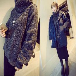 2015冬季新款韩版套头纯色植绒高领开叉文艺范针织毛衣女装包邮女