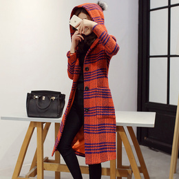 2015秋冬女装格子毛呢大衣女中长款韩国修身显瘦羊毛呢子外套加厚