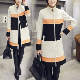 韩版2015秋冬新款时尚显瘦毛呢外套立领拼接女式中长款呢子大衣
