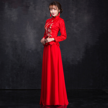 2015新款冬季新娘敬酒服旗袍加棉中式结婚礼服长袖红色大码冬装女