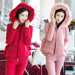 2015秋冬季休闲运动套装女装韩版时尚棉服加绒加厚棉衣卫衣三件套