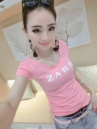 2015夏季新款韩版女装粉色字母印花纯棉修身短袖U领上衣女士T恤潮