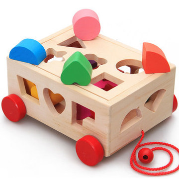 厂家直销批发儿童益智玩具形状积木盒多功能拖拉车十五孔智力盒