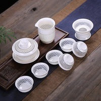 五仙茶业 蜂窝镂空功夫茶具玲珑茶具套装整套茶具白陶瓷茶具盖碗