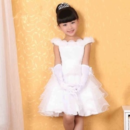 儿童新款手套公主裙夏白色花童礼服女童蓬蓬裙裙子舞蹈幼儿演出服