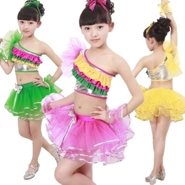 秋季新款黄绿色秋儿童表演服饰幼少儿舞蹈服装现代舞蓬蓬纱裙女